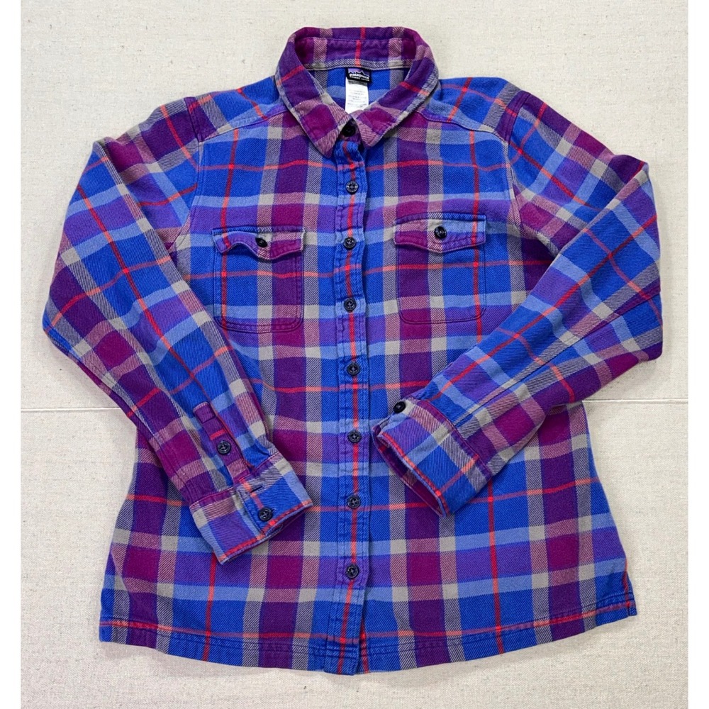 Patagonia Women's 8 Organic Cotton Flannel Shirt Purple Blue Plaid Long‎ Sleeve